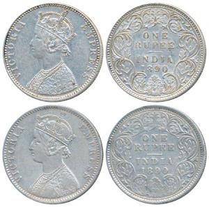 Victoria Empress, Silver Rupee, 1890, Calcutta Mint, C3 / I / C incuse; Bombay Mint, C2 / 