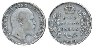 Edward VII, Silver ½ Rupee, 1910, Calcutta Mint, No mint mark, (Prid 314). About Very Fine