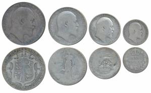 Great Britain, Edward VII, set of 4, Silver ½ Crown, Florin, Shilling & 6 Pence (KM 802, 8