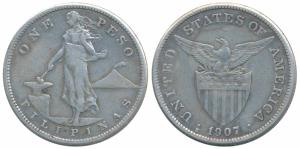 Philippines, Silver Peso, 19.65g, 1907, U.S. Administration (KM 172). Very Fine+.