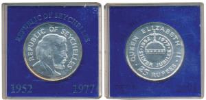 Seychelles, Silver 25 Rupees, 28.28g, 1977, 25th Anniversary of the Accession of Queen Eli