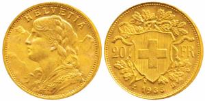 Switzerland, Gold 20 Francs, 6.44g, Bern Mint, obv. draped bust of Helvetia to left and th