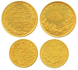 Turkey, Abdul Mejid, Gold 50 Kurush, 3.6g, AH 1255 Year 13; Muhammad V, Gold 100 Kurush, 7