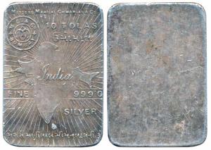 Tola Bar, Silver Ms. Manilal Chimanlal & Co, Silver 10 Tolas, 116.76g, obv. map of undivid