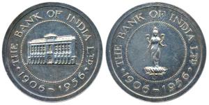 The Bank of India, Golden Jubilee, 1906-1956, Gilt Silver, 26.47g, obv. Laxmi standing on 