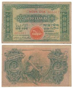 Indo-Portuguese, Oito / 8 Tangas, 2nd issue, 1917, Banco Nacional Ultramarino, red colour 