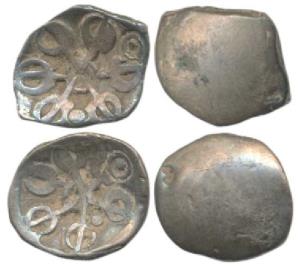 Archaic Punch Marked Coinage, attributed to Gandhara Janapada (c. 400 BC), Silver Shana (2