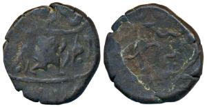 Anand Rao III (AH 1276-1316; 1860- 1898 AD), Copper Paisa, 13.24g, obv. Hanuman facing rig