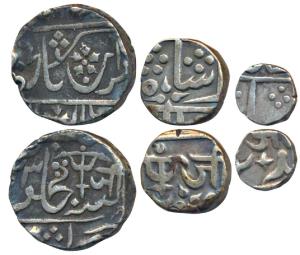 Jayaji Rao (AH 1259-1304; 1843-1886AD), Silver Rupee, ½ and 1/8,10.98g, 5.39g & 1.40g, the