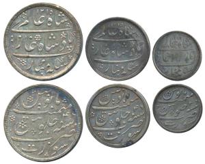 Surat Mint, set of 3, Silver Rupee, ½, and ¼, in the name of Shah Alam II, AH 1215/46, pla