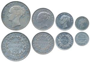 Victoria Queen, set of 4, Silver Rupee, ½, ¼ & 2 Annas, 1840 & 1841, Continuous legend. Ab