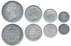 Victoria Queen, set of 4, Silver Rupee, ½, ¼ and 2 Annas, 1840 & 1841, Divided legend, Cal