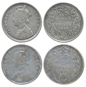 Victoria Queen, Silver Rupee, 1862, Bombay Mint, C / II / I / 2, (Prid 105); 1874, Bombay 