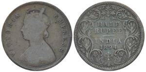 Victoria Empress, Silver ½ Rupee, 1894, Calcutta Mint, A / I / C incuse, (Prid 278). Fine.
