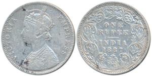 Victoria Empress, Silver Rupee, 1887, Bombay Mint, A3 / I, B incuse inverted (Prid 172-A).