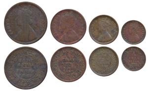 Victoria Queen and Empress, set of 4, Copper ½, ¼ & 1/12 Anna & ½ Pice, 1862, 1890, 1862, 