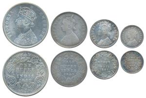 Victoria Empress, set of 4, Silver Rupee, ½, ¼, & 2 Annas, 1887. Fine to Very Fine. (4)