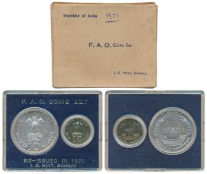 1971 Uncirculated Set, Food For All, set of 2, 20 Paise and Rupees 10. In near immaculate 