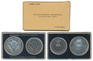1974 Uncirculated Set, Planned Families Food For All, set of 2, Rupees 10 and 50. In immac