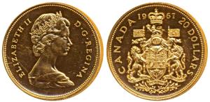 Canada, Elizabeth II, Gold $20, 18.29g, 1967, Centennial, rev. coat of arms of the country