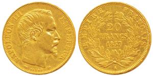 France, Napoleon III, Gold 20 Francs, 6.4g, 1857 A, Paris Mint, bare head (KM 781.1). Very