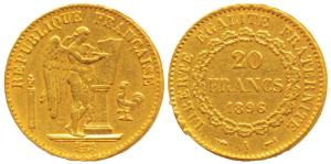 France, Gold 20 Francs, 6.43g, 1896, obv. standing winged Genius writing the constitution 
