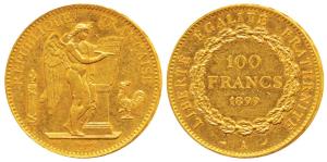 France, Gold 100 Francs, 32.2g, 1899, obv. standing winged Genius writing the constitution
