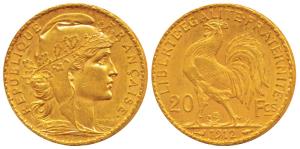 France, Gold 20 Francs, 6.45g, 1912, obv. Liberty head, rev. rooster divides value (KM 857