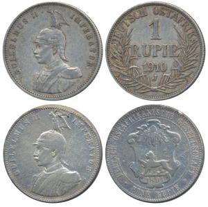 German East Africa, Wilhelm II, Silver Rupie (2), 1891 & 1910 J (KM 2 & KM 10). Fine+ and 