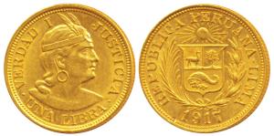Peru, Gold Libra / Pound, 8g, 1917, Trade Coinage, rev. rev. coat of arms which includes a