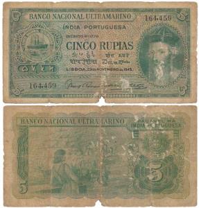 Indo-Portuguese, Cinco / 5 Rupias, 6th issue, 1945, Banco Nacional Ultramarino, (J&R 12.29