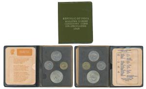 1969 Uncirculated Set, Gandhiji Birth Centennial, set of 4, 20 Paise to Rupees 10. In imma