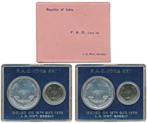 1970 Uncirculated Set, Food For All, set of 2, 20 Paise and Rupees 10. In immaculate condi
