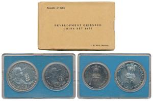 1975 Uncirculated Set, Equality Development and Peace, set of 2, Rupees 10 and 50. In imma