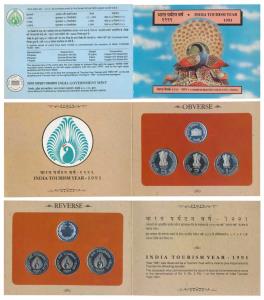 1991 Proof Set, India Tourism Year, set of 3, Rupee 1, 2 & 5. In immaculate condition, wit