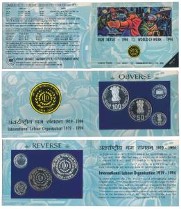 1994 Proof Set, World of work, set of 3, Rupees 5 to 100. In immaculate condition, within 