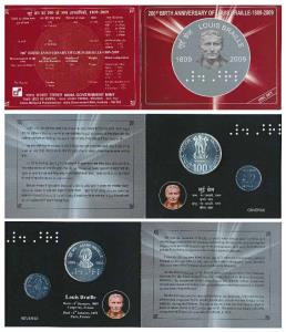 2009 Uncirculated Set, 200th Birth Anniversary of Louis Braille, set of 2, Rupees 2 and 10