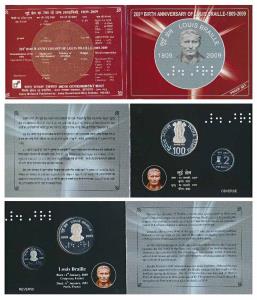 2009 Proof Set, 200th Birth Anniversary of Louis Braille, set of 2, Rupees 2 and 100. In i