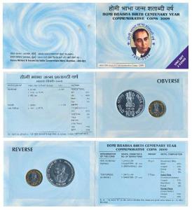 2009 Uncirculated Set, Homi Bhabha Birth Centenary, set of Rupees 10 (bi-metal) and 100. I