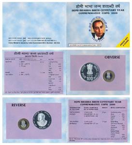 2009 Proof Set, Homi Bhabha Birth Centenary, set of Rupees 10 (bi-metal) and 100. In immac