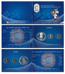 2010 Proof Set, XIX Commonwealth Games Delhi, set of 3, Rupees 2 to Rupees 100. In immacul