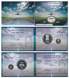 2011 Proof Set, 100 years Civil Aviation India, set of 2, Rupees 5 and 100. In immaculate 