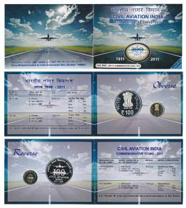 2011 Proof Set, 100 years Civil Aviation India, set of 2, Rupees 5 and 100. In immaculate 
