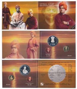 2013 Proof Set, 150th Birth Anniversary of Swami Vivekananda, set of 2, Rupees 5 and 150. 