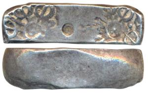 Archaic Punch Marked Coinage, attributed to Gandhara Janapada, Bent Bar, Silver 5 Shana, 1