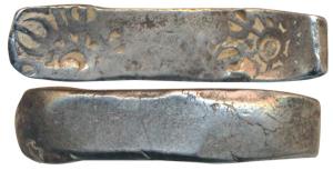 Archaic Punch Marked Coinage, attributed to Gandhara Janapada, Bent Bar, Silver 5 Shana, 1
