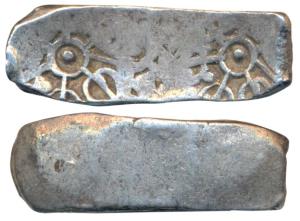 Archaic Punch Marked Coinage, attributed to Gandhara Janapada, Bent Bar, Silver 5 Shana, 1
