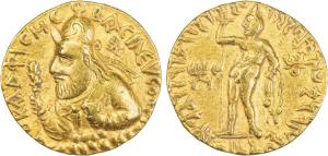 Kushanas, Vima Kadphises (c.105-127 AD), Gold Dinar, 7.92g, obv. bust of the king facing l