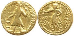Kushanas, Kanishka I (c. 127/8-152 AD), Gold Dinar, 7.7g, obv. caped and crowned king stan