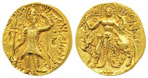 Kushanas, Vasudeva II (c. 250-260 AD), Gold Dinar, 7.92g, obv. king nimbate standing left,